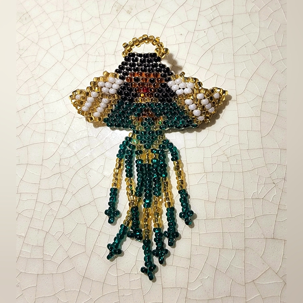 Black girl green and gold seedbead angel Christmas brooch